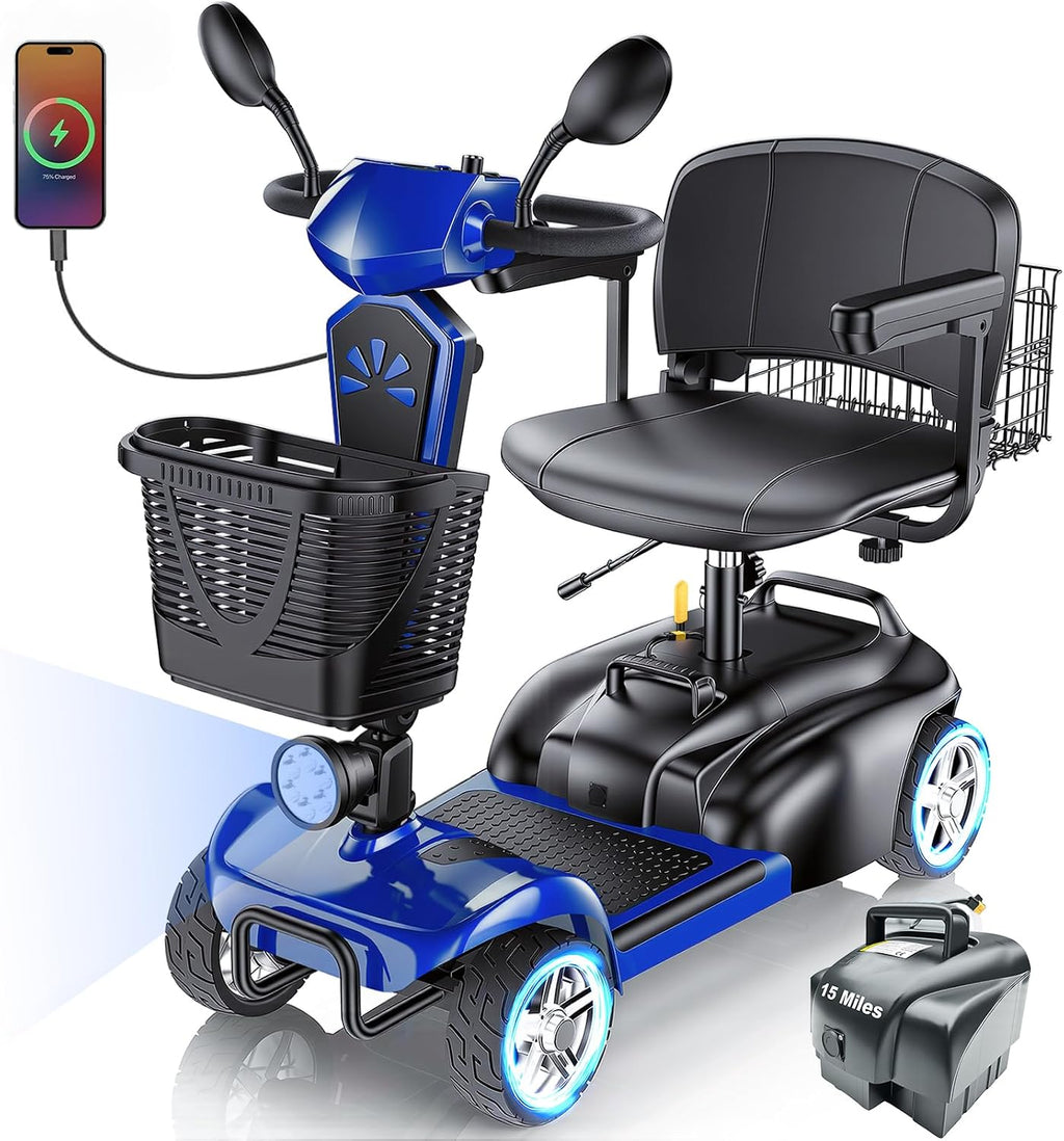 15/25/30/50Miles Eldryvon 4 Wheels Electric Mobility Scooter for Seniors, Dual Basket, 350W Powered Wheelchair with Rotating Seat, Mirrors, Foldable Motorized Scooter for Adults (Blue, 30Miles)
