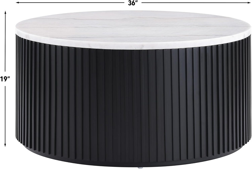 Steve Silver Furniture Colvin White Marble Cocktail Table, Contemporary/Modern Design, 36' Round Table, Coffee Table, Living Room Centerpiece, Wooden Drum Base, 36' W x 36' L x 19' H, Black, White