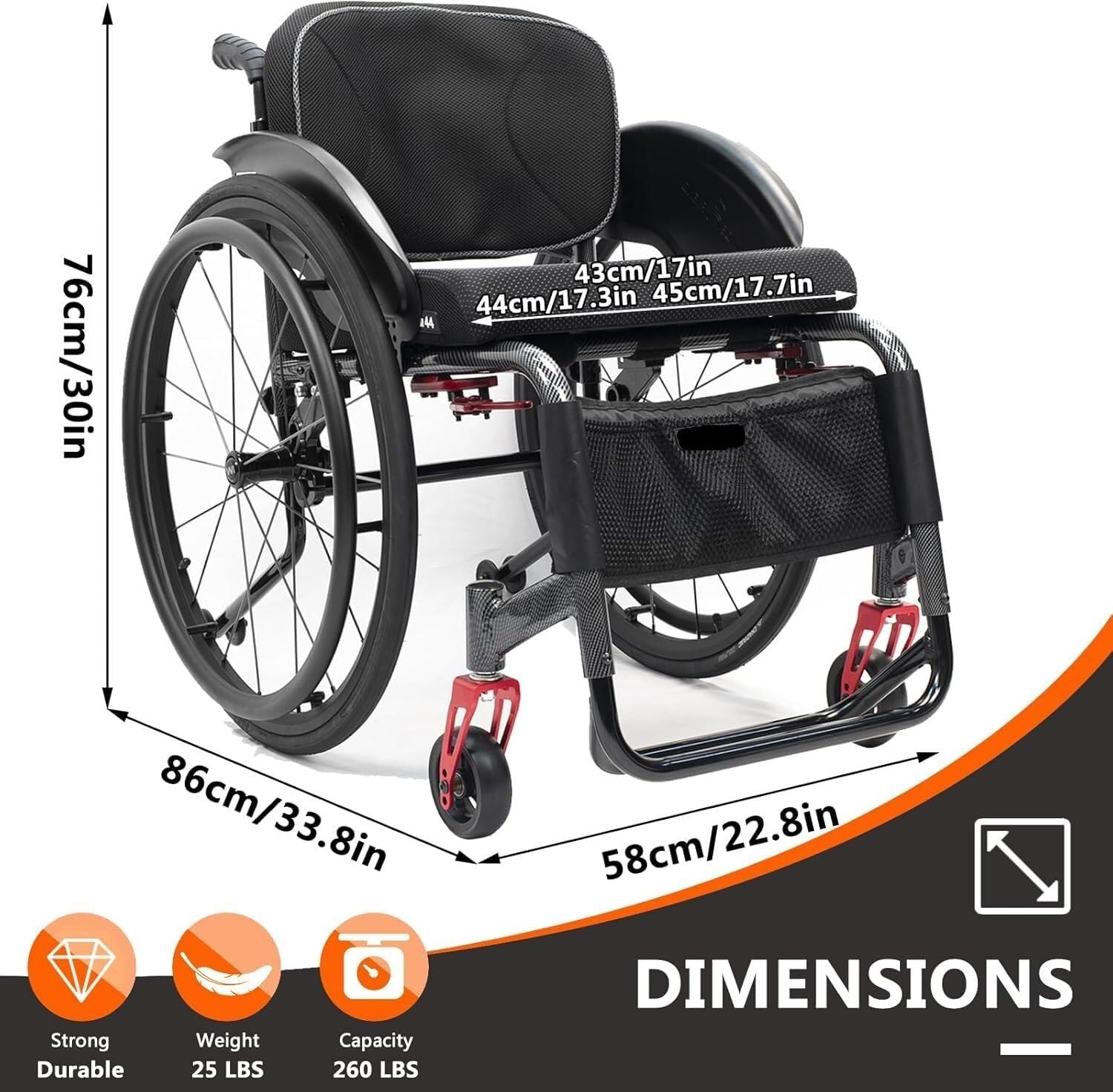 Aluminium Sports Wheelchair,Ultralight Transit Travel Wheelchair,Lightweight Transport Wheelchair,Portable Fast Self-Propelled Wheelchair,Quick Releasefor Rear Wheel,Manual Brake,Storage Bag(Hard Back
