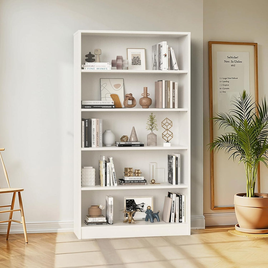 Farini 60 Inch Tall 5-Shelf Bookcase, Wood Bookshelf Storage Organizer Adjustable Shelf for Home Office, Study Room, Easy Assembly,White