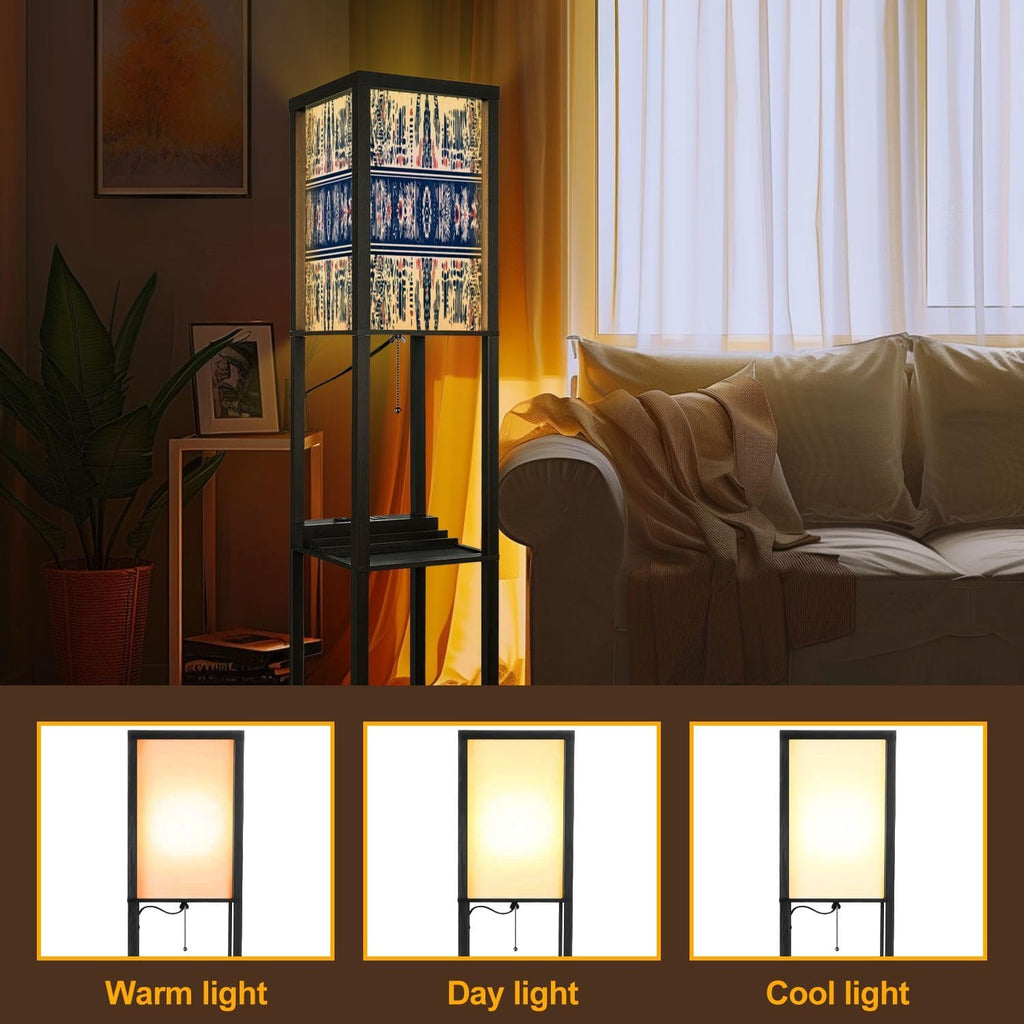 Floor Lamp with Shelves geometric folklore ornament Tribal ethnic texture Seamless striped Standing Tall Lamp USB Ports & Power Outlet Modern Corner Lamp Nightstand Light for Living Room Bedroom
