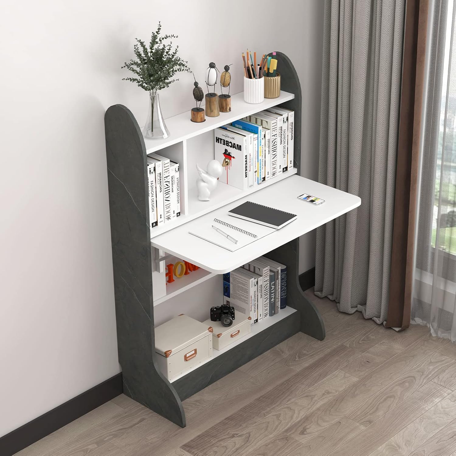 Pmnianhua Folding Wall Desk, Space Saving Removable Wall Desks with Storage Shelf Study Writing Table Freestanding Desk for Bedroom Small Space