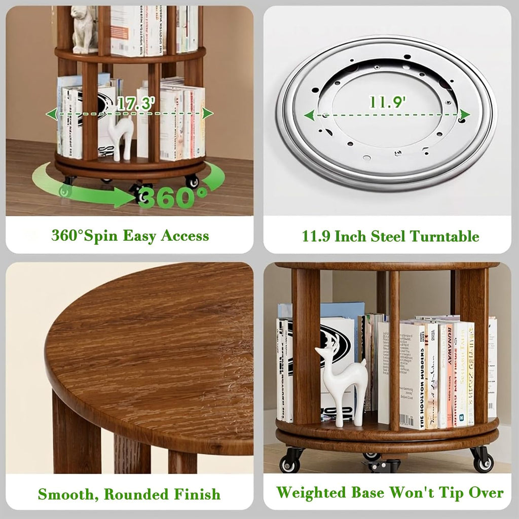 6 Tier Rotating Solid Wood Bookshelf, Corner Small Bookshelf Lazy Susan Organizer,Circular Rotating Spinning Bookshelf on Wheels, Revolving 360° Bookshelf for Small Spaces for Bedroom