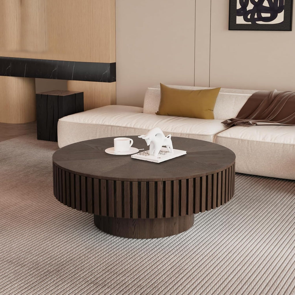 31.5'' Round Drum Coffee Table Circle Fluted Coffee Tables with Storage Modern Handcrafted Fluted Centry Table for Living Room Apartment Small Space