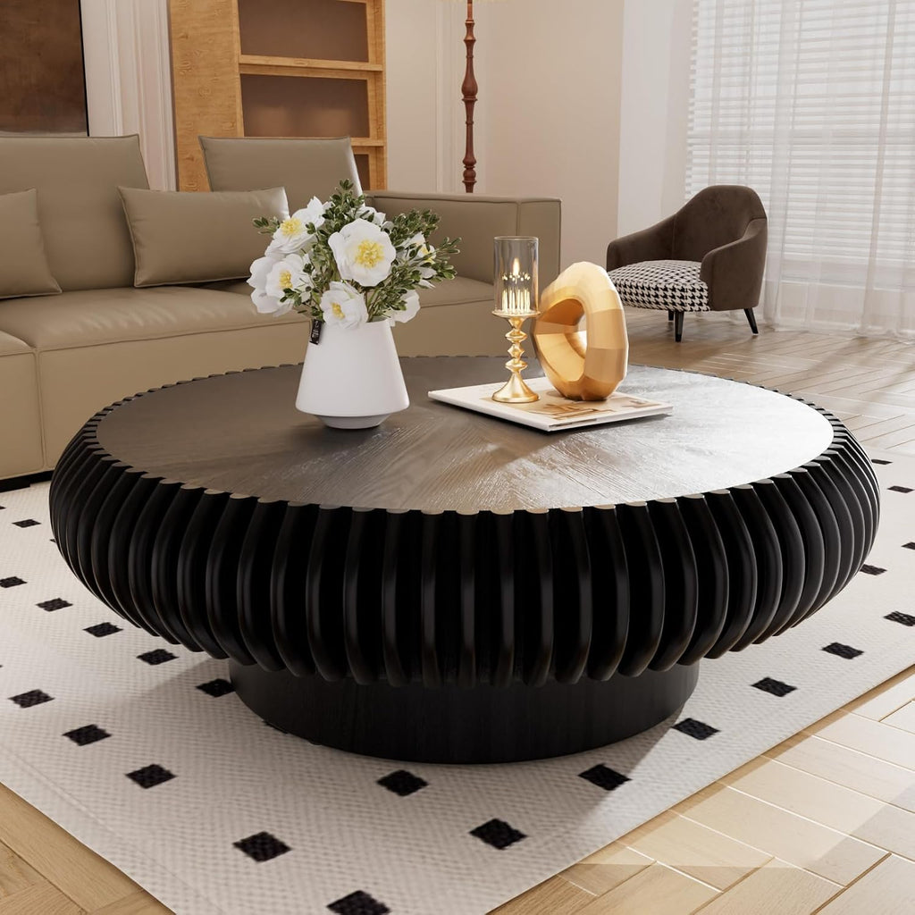 Round Drum Coffee Table with Sturdy Pedestal, Modern Wooden Fluted Coffee Table, Circle Center Table Accent Tea Table for Living Room Apartment Office Reception Room (Black D39.4)