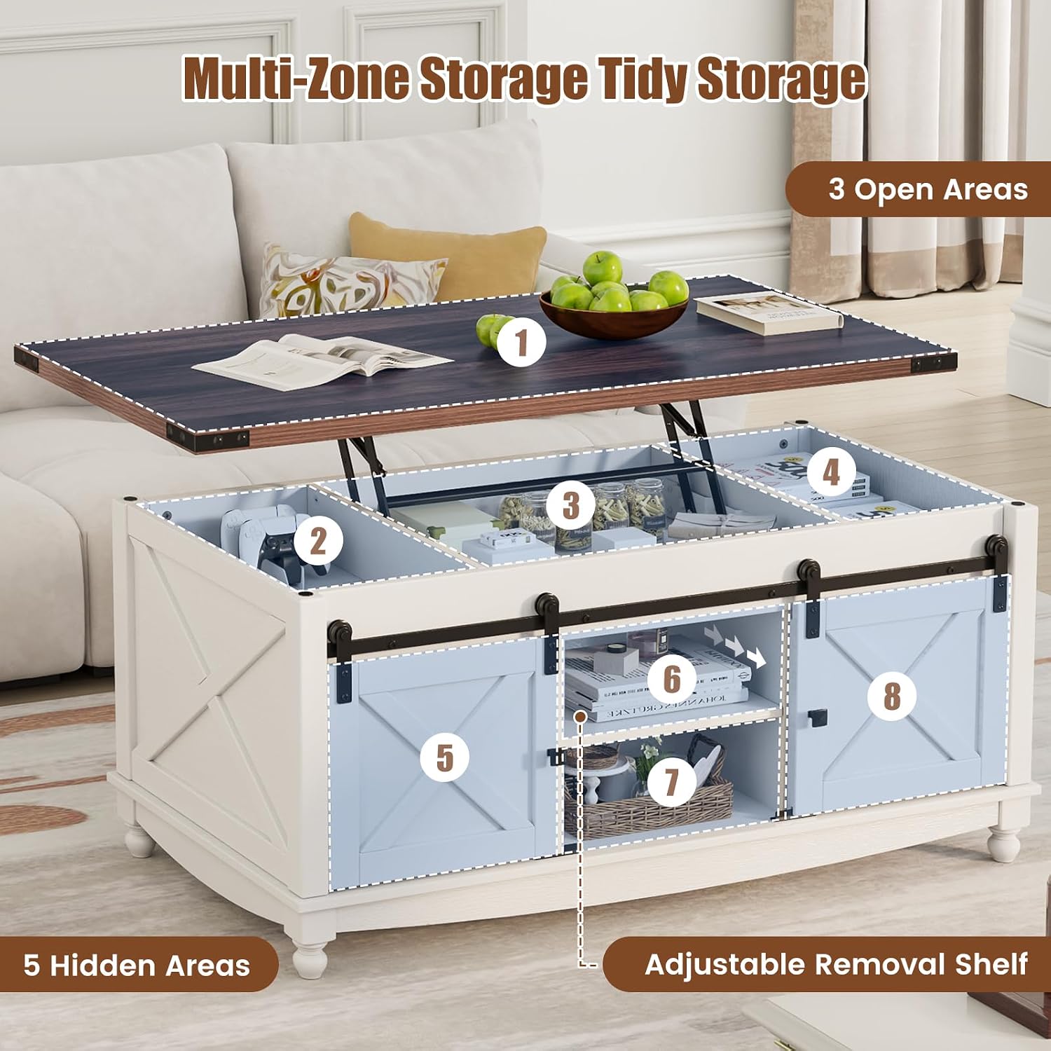 ALLSTAND 48' Farmhouse Lift Top Coffee Table with Storage Sliding Barn Door & Large Hidden Compartment, Coffee Table with Lifting Top with Wooden Lift Tabletop, Coffee Tables for Living Room, White