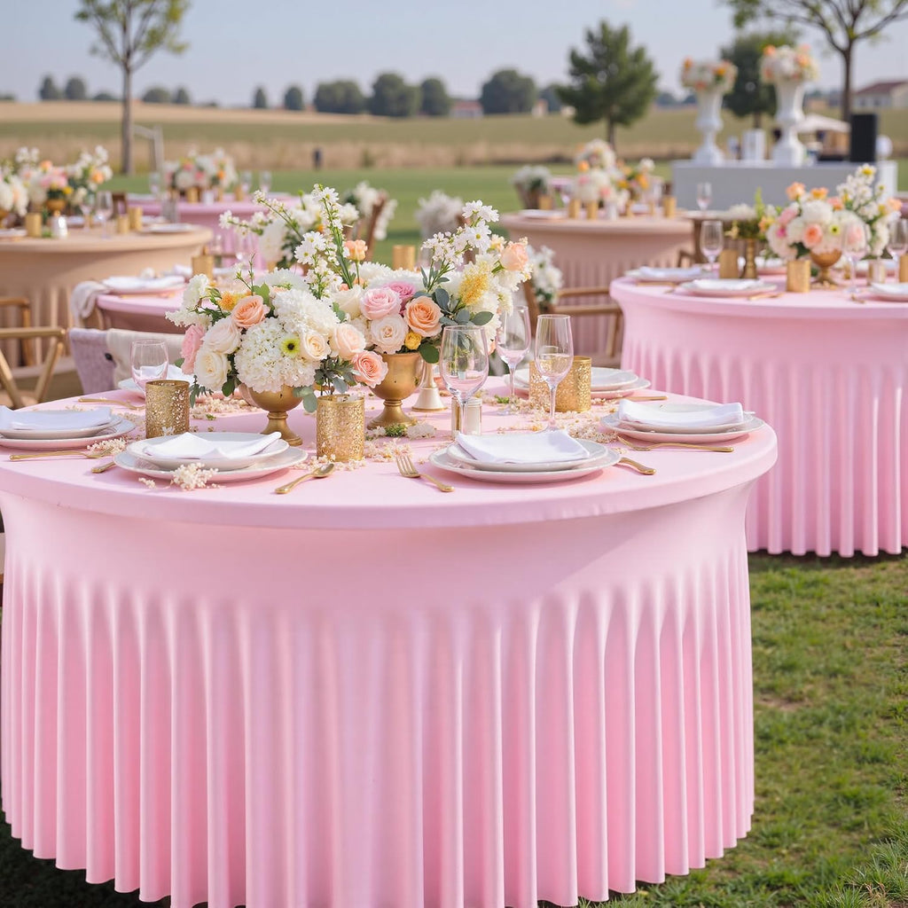 NSSONBEN 6 pk Baby Pink Round Spandex Tablecloths 60 in with Ruffled Skirt,Wrinkle Free High-Stretch 120 inch Pink Table Cloth Fitted 6ft Round Tables,Spandex Table Covers 6ft for Girl Party Banquet