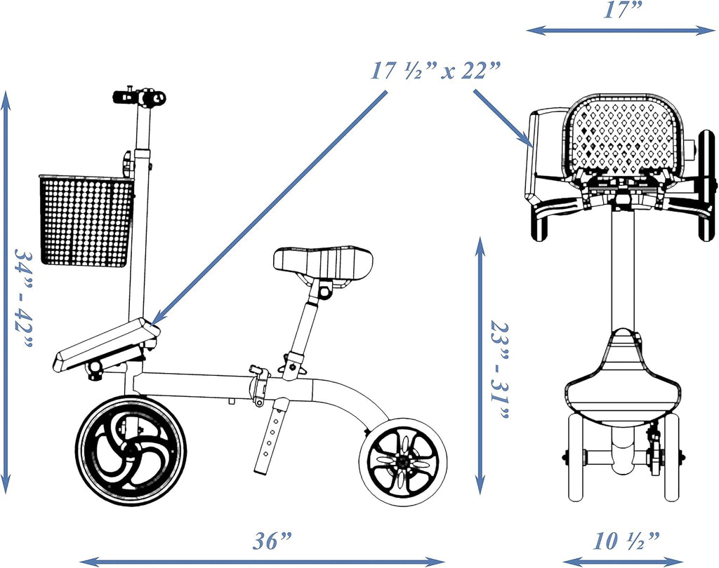Smooth Seated Knee Scooter, Slow Propelled Steerable Mobility Knee Walker Crutches, Wheelchair Alternative with Dual Brakes, Fits Height of 5'2'-6'3' (Solid Rubber Tires, Cobalt Blue)