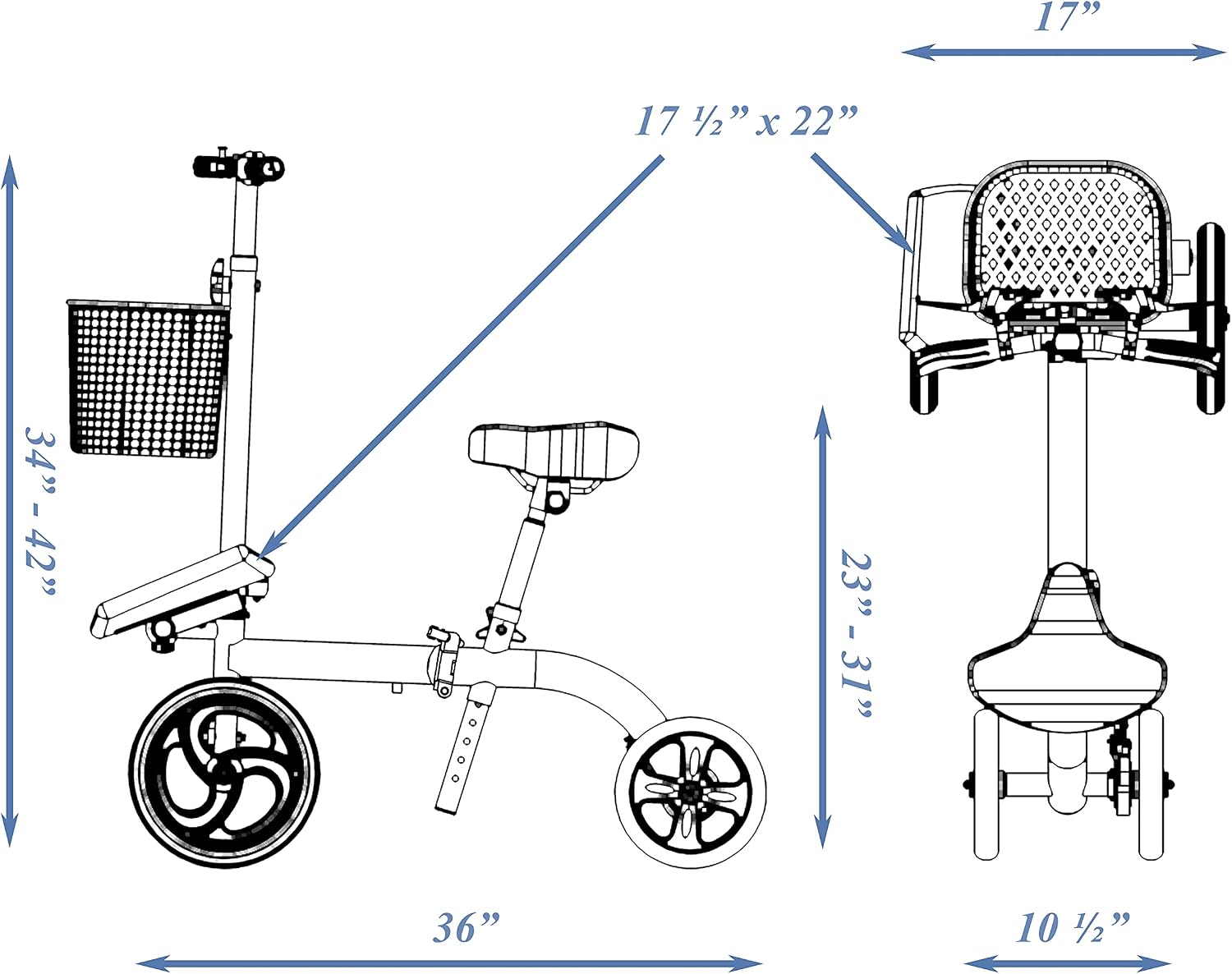 Smooth Seated Knee Scooter, Slow Propelled Steerable Mobility Knee Walker Crutches, Wheelchair Alternative with Dual Brakes, Fits Height of 5'2'-6'3' (Solid Rubber Tires, Cobalt Blue)
