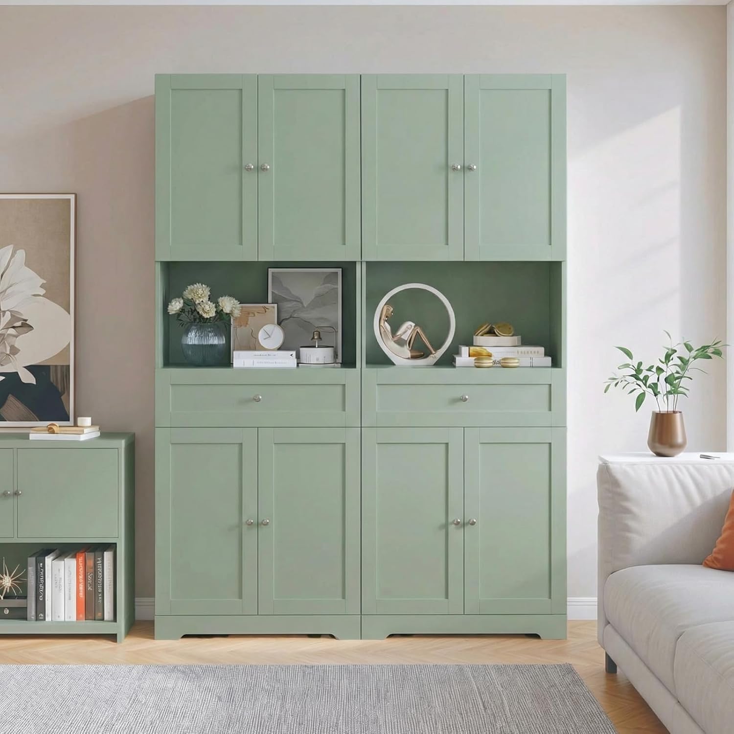 Tall Bathroom Storage Cabinets with Drawer, Modern Linen Cabinet with Doors & Shelves, 67'H Tall Storage Cabinet Freestanding for Bathroom, Dining Room, Kitchen & Pantry, Laundry, Narrow Corner, Green