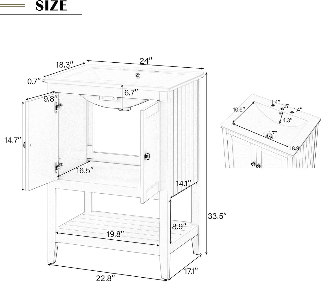 24 Inch Bathroom Vanity with Sink Set Combo, Cabinet with Doors and Open Shelf, Solid Wood Frame with Painted Finish, Modern Style