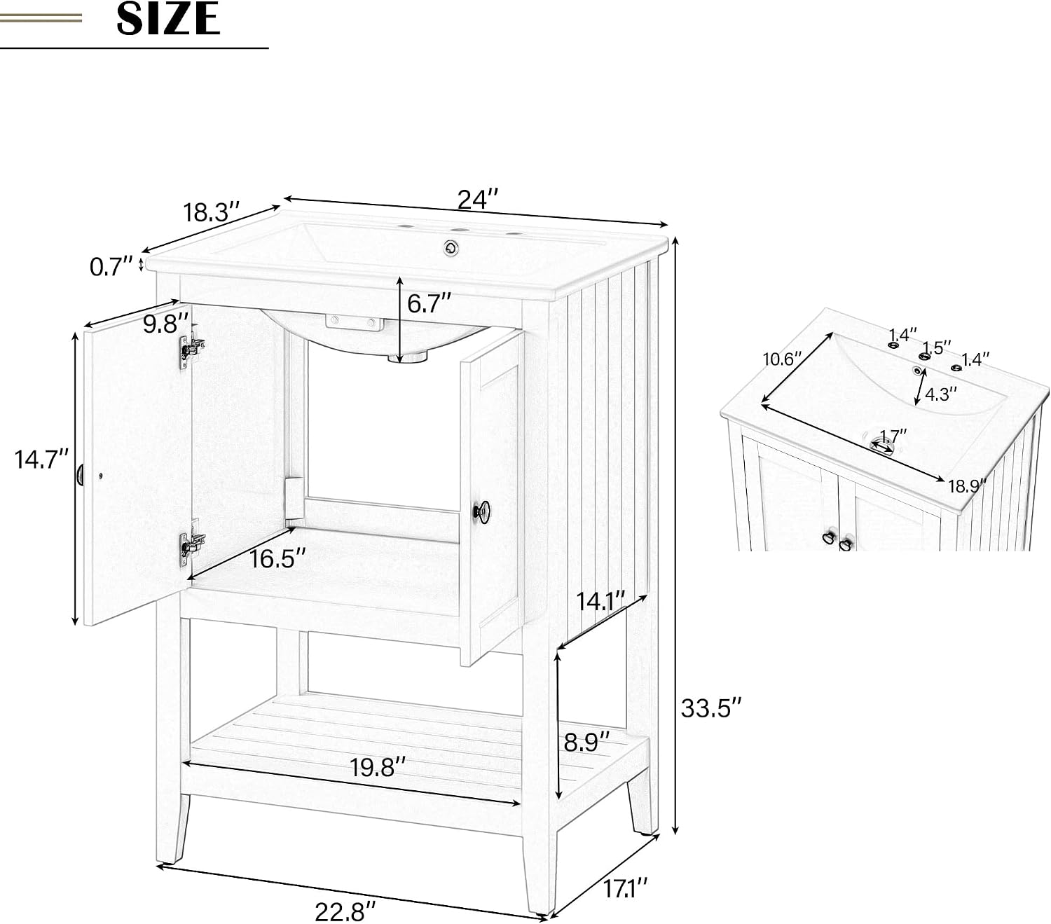 24 Inch Bathroom Vanity with Sink Set Combo, Cabinet with Doors and Open Shelf, Solid Wood Frame with Painted Finish, Modern Style