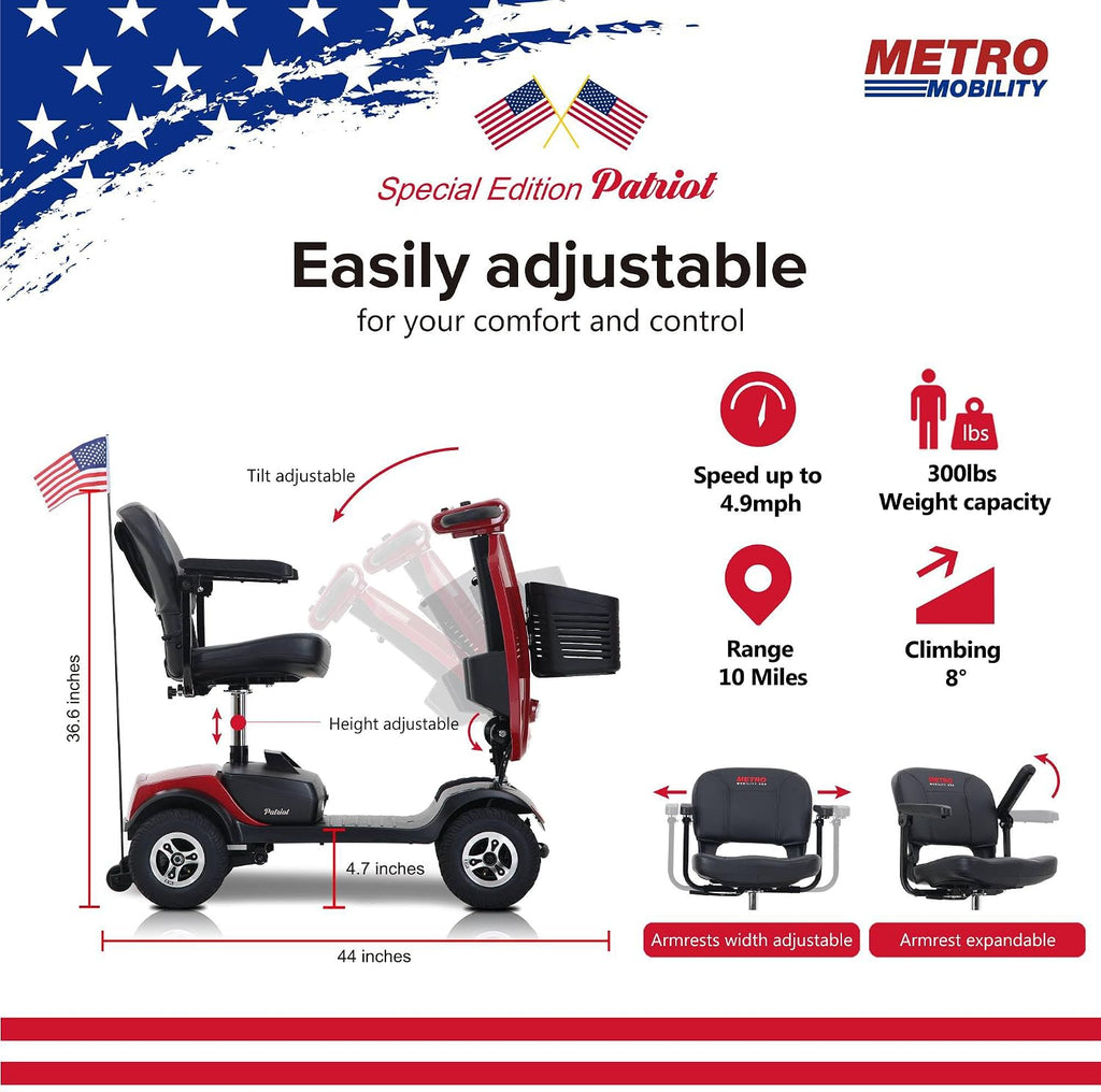Metro Mobility 4 Wheel Powered Mobility Scooters for Seniors - 300 lbs Capacity Electric Scooter with Seat for Adults, Travel - Long Range Power Extended Battery & USB Charging Port - Red