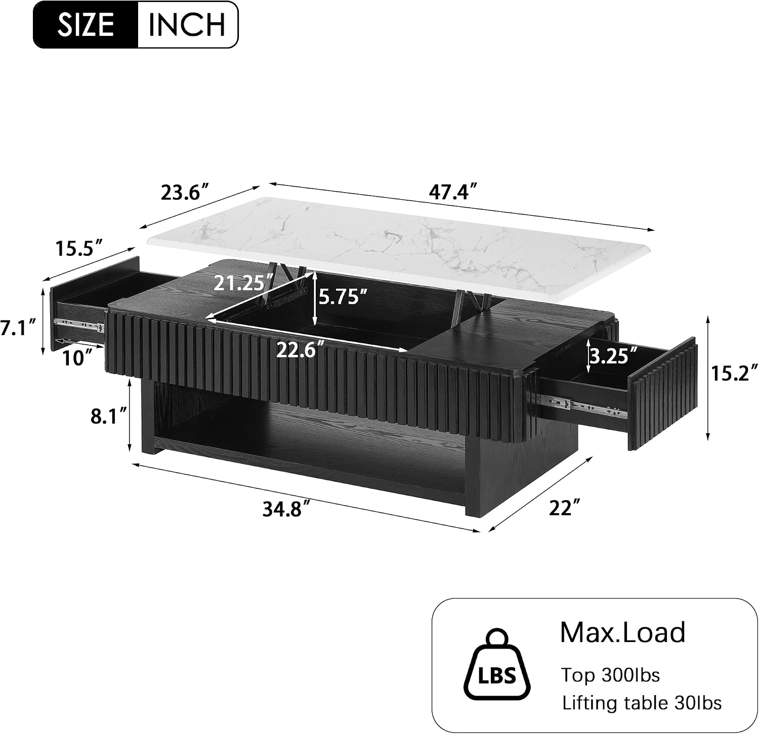 47.4' Lift Top Coffee Table with Drawer & Storage, Modern Fluted Coffee Table with Marble-Pattern Top & Solid Wood Strips, Rising Center Table for Living Room Apartment,Rectangle, Black & White