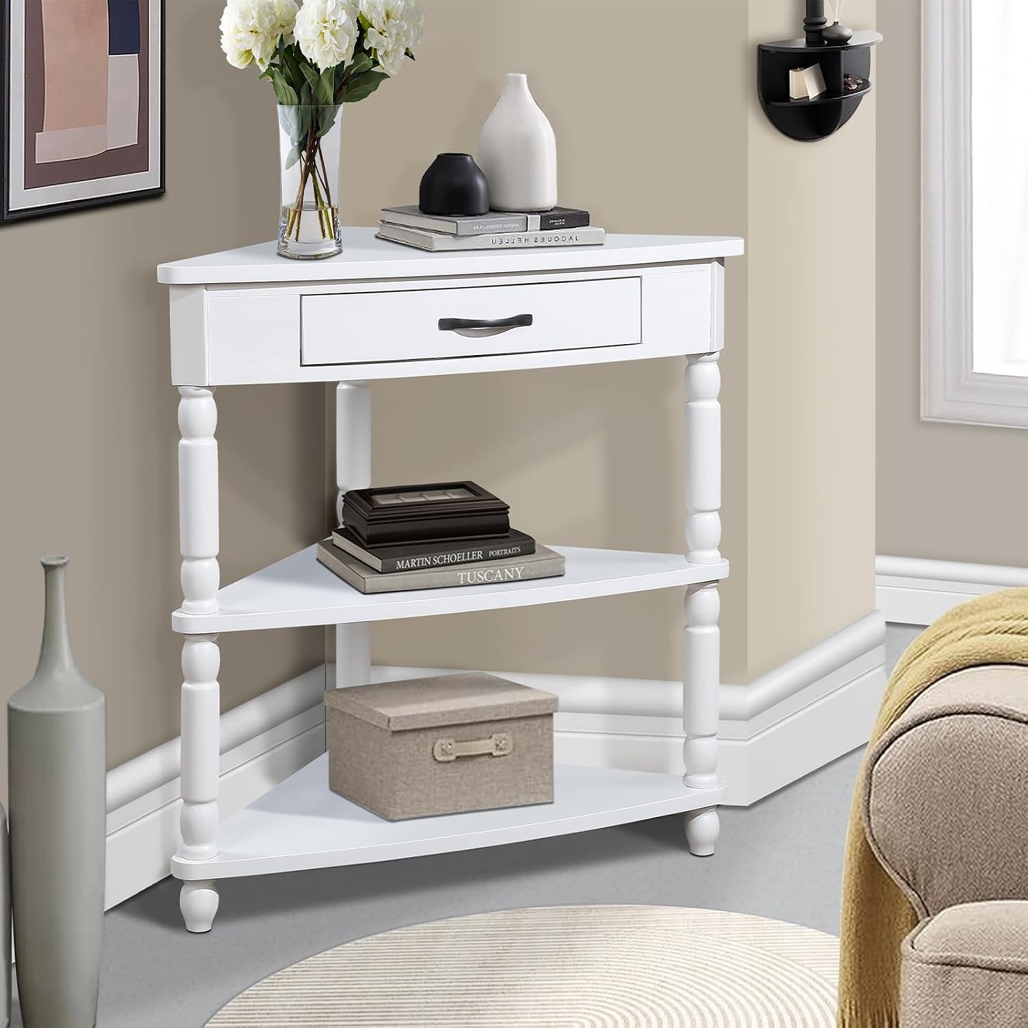 33.86' Corner Table, Wood 3 Tier Triangle Side Table Corner Shelf Stand with Solid Wood Legs 1 Drawer & 2 Storage Shelves for Living Room Small Space (Milk White)