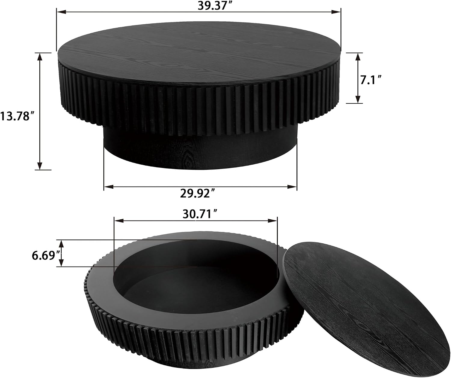 Round Coffee Table with Storage, Mid-Century Modern Solid Wood Center Table for Living Room, Large Circle Wooden Accent Table (39.37''L × 39.37''W × 13.78''H, Black)
