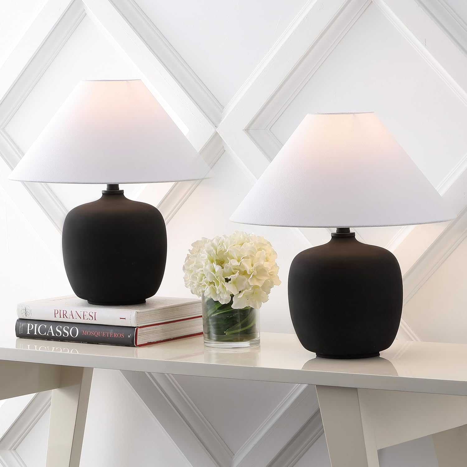 JONATHAN Y 18.25' Matte Black Minimalist Table Lamps Set of 2 for Bedroom, White Linen Shade, Modern Scandinavian Bedside Lamps for Living Room Nightstand, LED Bulbs Included JYL5600A-SET2