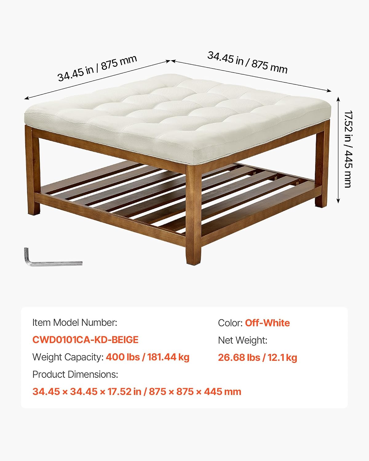 VEVOR Large Square Ottoman Coffee Table, 34.5 Inch Tufted Coffee Table with Solid Wood Shelf Storage, Linen Solid Upholstered Footrest Ottoman for Bedroom Living Room, 400 LBS, Off-White