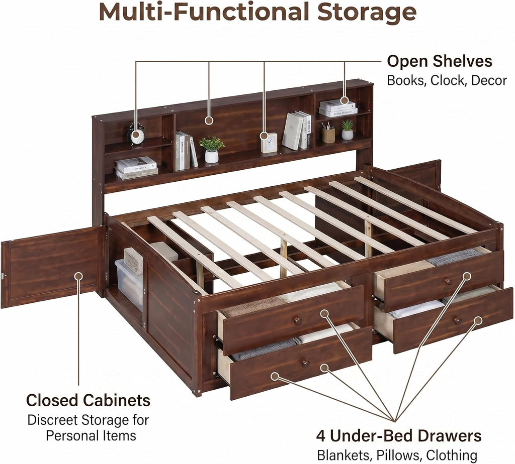 Hanuq Full Size Wooden Captain Bed with Bookcase Headboard | ﻿ Platform Bed with 4 Under-Bed Storage Drawers and Built-in Shelves, No Box Spring Needed, 550 Lbs Weight Capacity