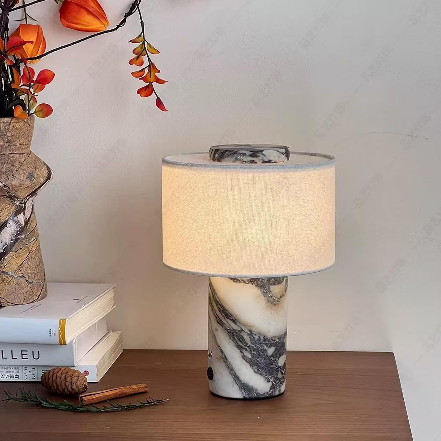 Marble Luxury Stone Rechargeable Touch Table Lamp, Cylindrical Shape, Linen Cloth Fiber Lampshade, High-End and Light Luxury, Bedroom Bedside Table Night Light, Black and White