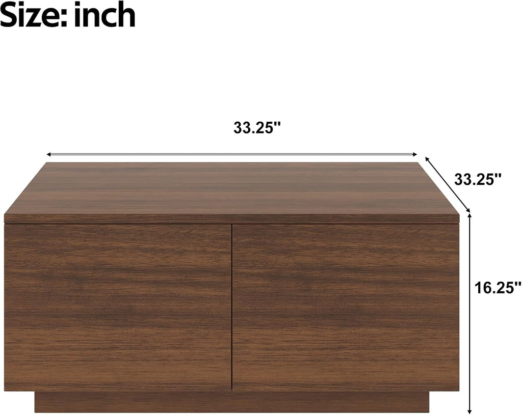 SSLine Square Coffee Table with 4 Storage Drawers,33.2-Inch Walnut Wooden Coffee Table for Living Room Minimalist Cocktail Center Tables for Small Space