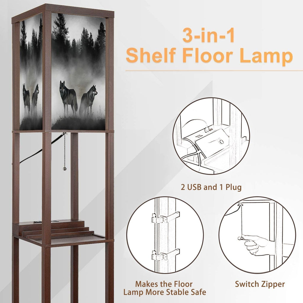 Floor Lamp with Shelves 3D Render Timber Wolfs Standing Tall Lamp USB Ports & Power Outlet Modern Corner Lamp Nightstand Light for Living Room Bedroom