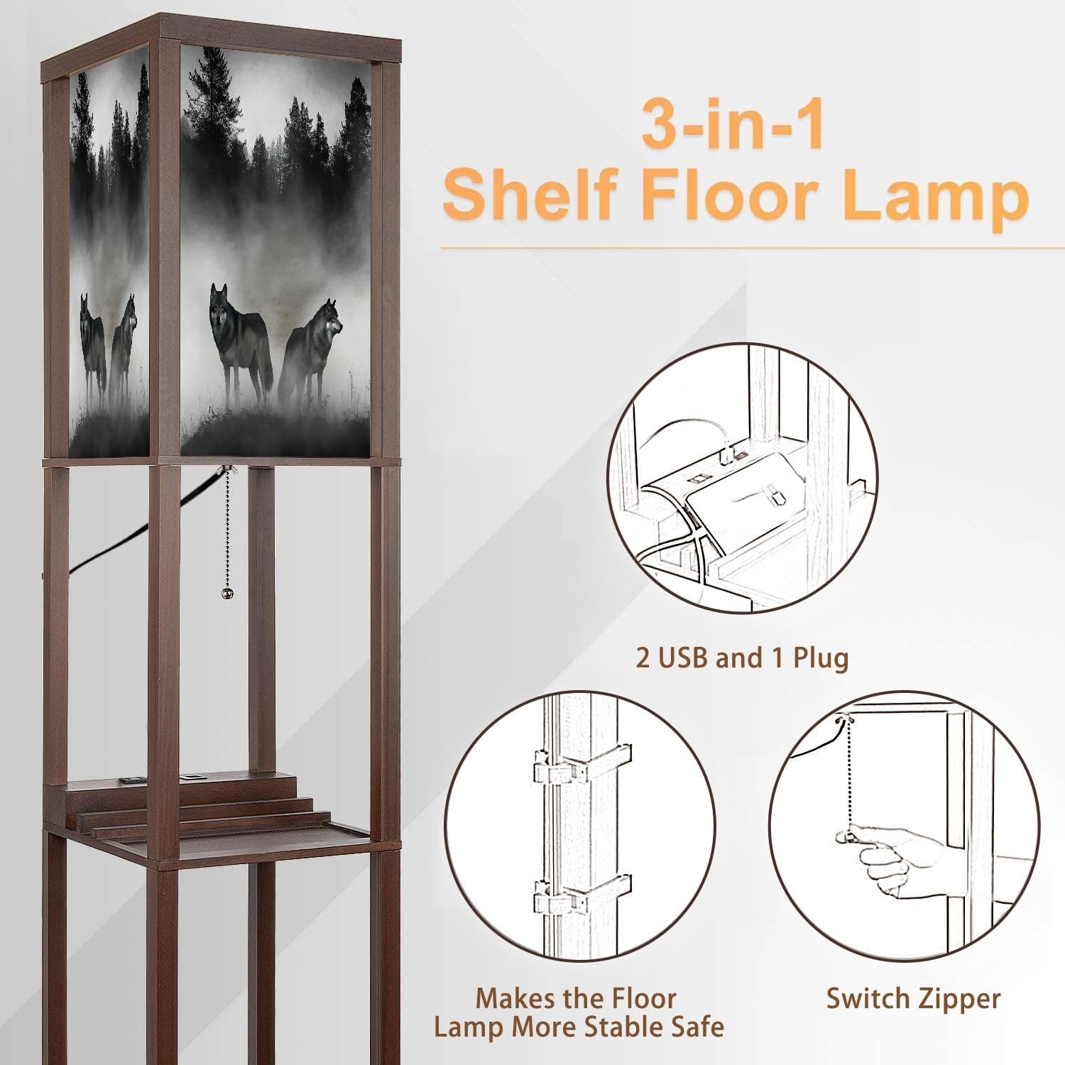 Floor Lamp with Shelves 3D Render Timber Wolfs Standing Tall Lamp USB Ports & Power Outlet Modern Corner Lamp Nightstand Light for Living Room Bedroom