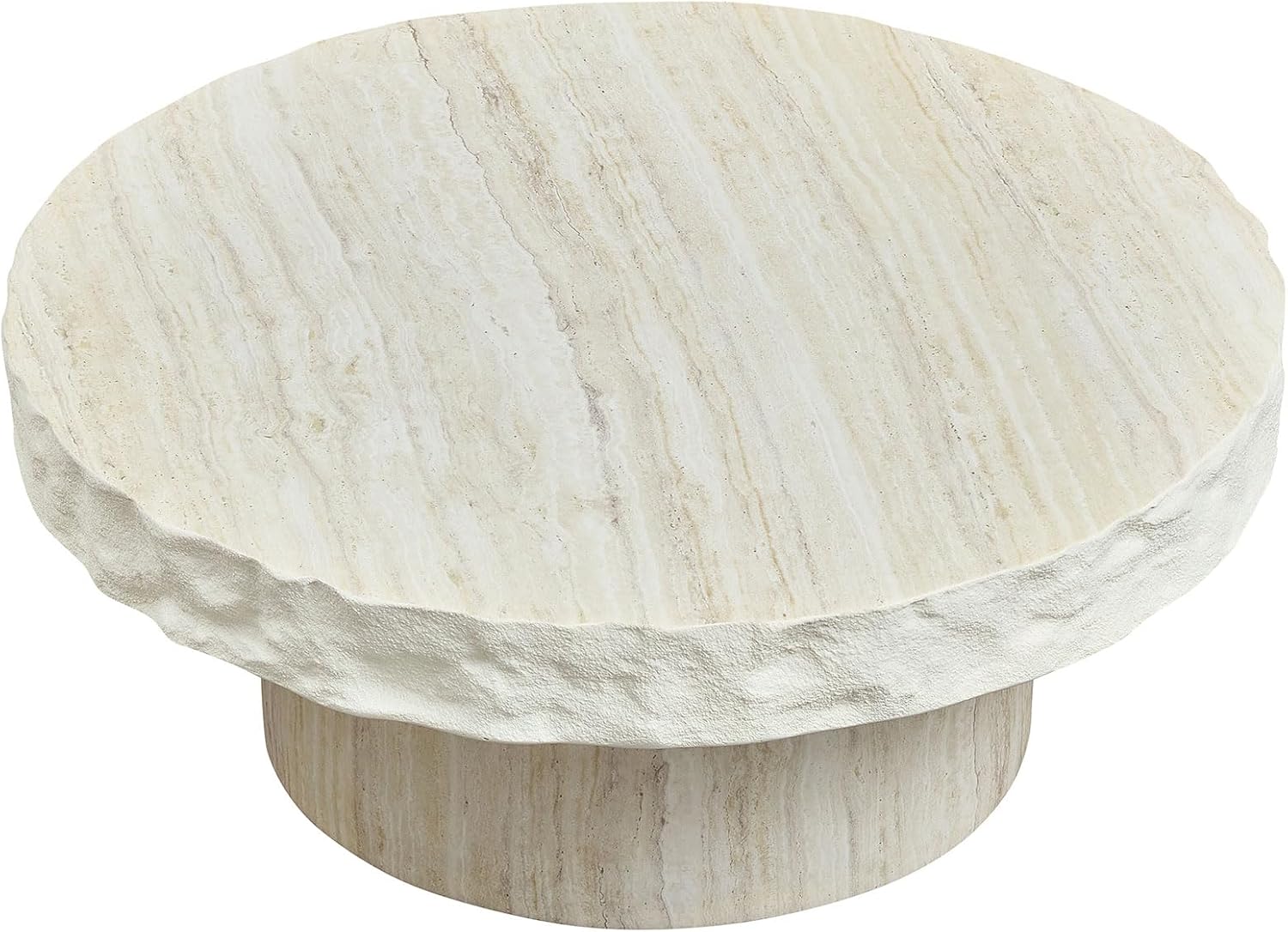JUSTONE Round Coffee Table for Living Room, 31.69 Inch Modern Accent Table with Faux Stone Beige Weathering Finish, Minimalist Side End Table for Apartment Office