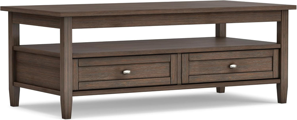 SIMPLIHOME Warm Shaker Coffee Table - 48 inch Wide Solid Wood Coffee Table in Farmhouse Brown, Transitional Living Room Table with 2 Drawers, Open Shelf, Shaker Fronts and Tapered Legs