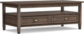 SIMPLIHOME Warm Shaker Coffee Table - 48 inch Wide Solid Wood Coffee Table in Farmhouse Brown, Transitional Living Room Table with 2 Drawers, Open Shelf, Shaker Fronts and Tapered Legs