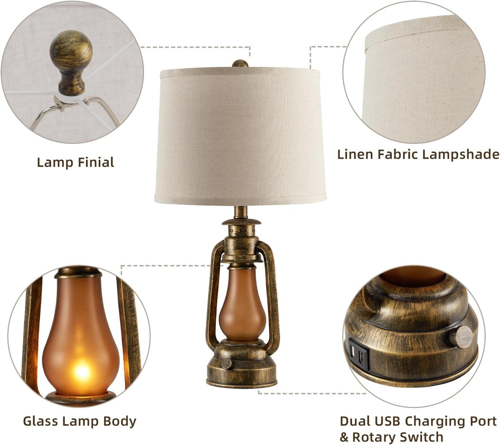 25' Set of 2 Rustic Lantern Table Lamps for Living Room Bedroom, 2 USB Ports Farmhouse Vintage Bedside Desk Lamp Nightlight for Entryway Office End Table, 4 Bulbs Included