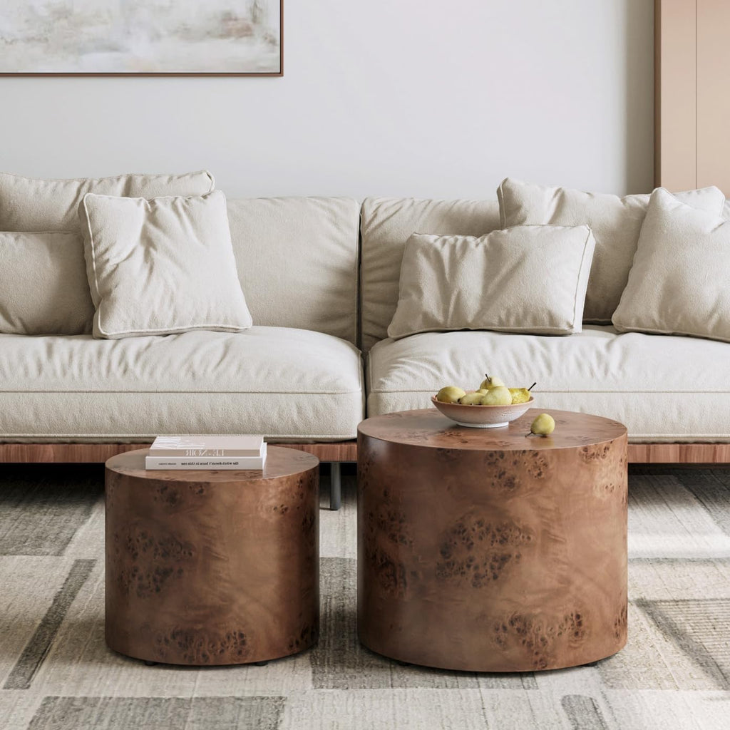 WILLIAMSPACE 18.9' Round Nesting Coffee Table Set of 2, Modern Wooden Coffee Tables Small Circle Center Table for Living Room, Accent End Table Set, No Assembling (Brown Burl)
