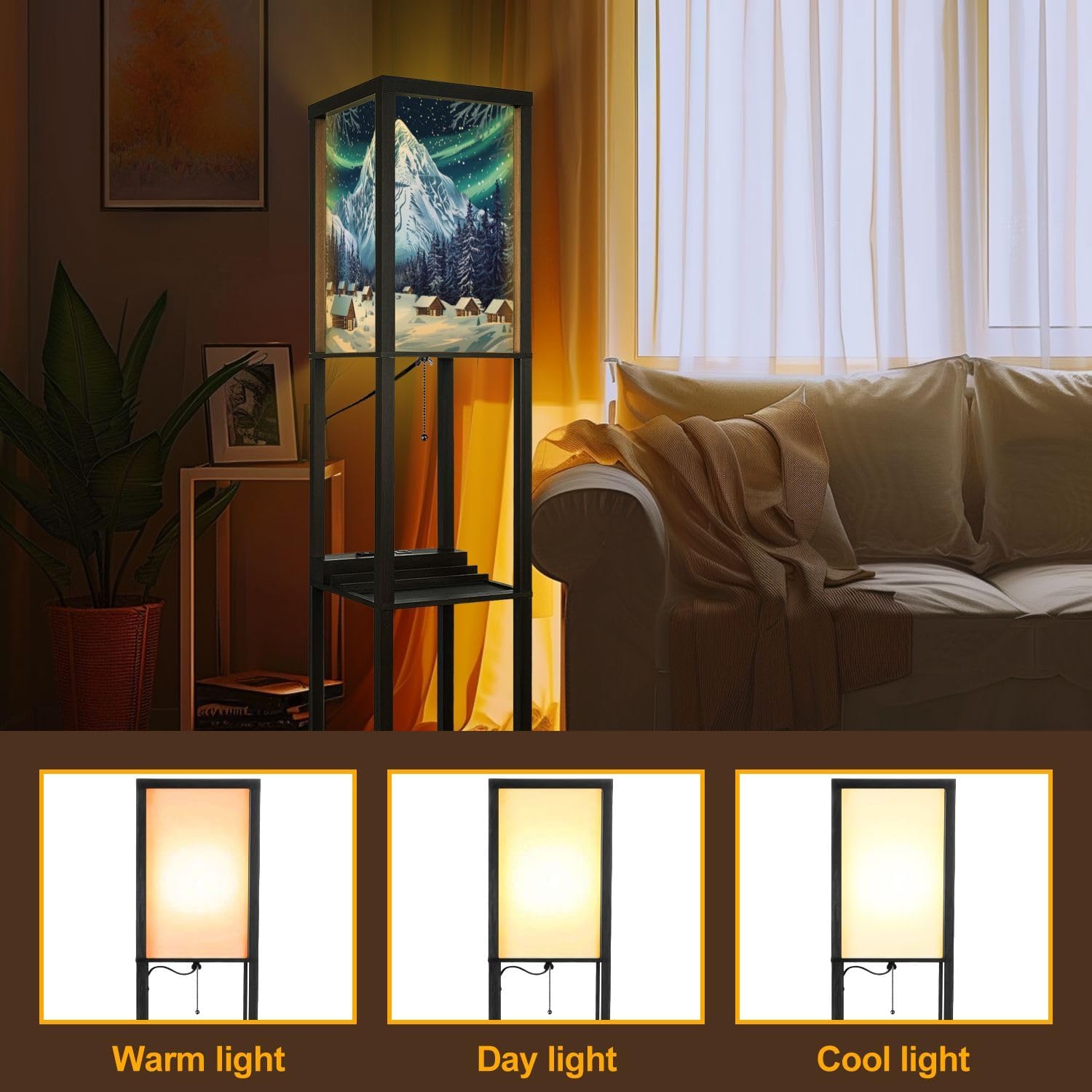 Floor Lamp with Shelves Woodcut Winter Capped Mountain Coniferous Forest Standing Tall Lamp USB Ports & Power Outlet Modern Corner Lamp Nightstand Light for Living Room Bedroom