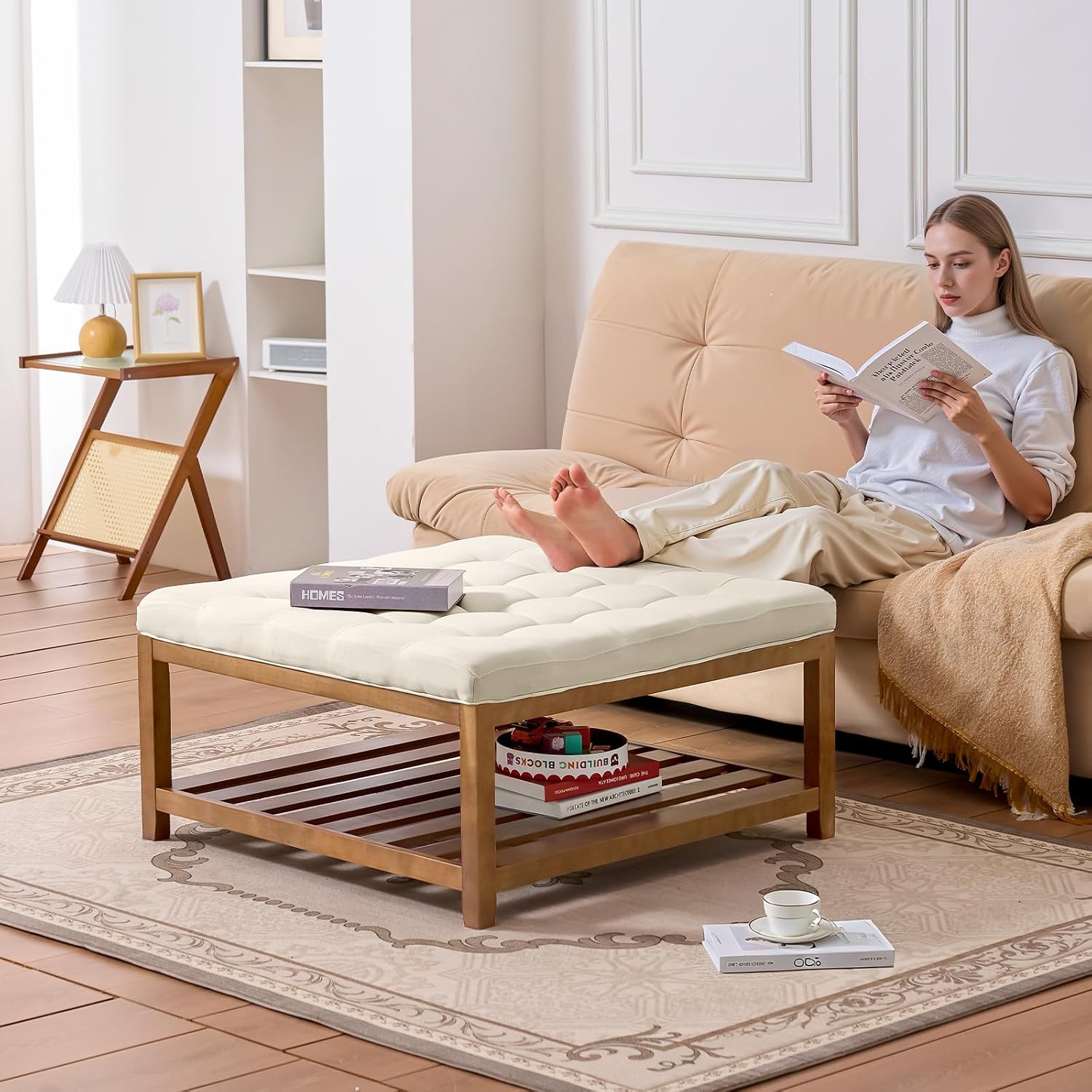 VEVOR Large Square Ottoman Coffee Table, 34.5 Inch Tufted Coffee Table with Solid Wood Shelf Storage, Linen Solid Upholstered Footrest Ottoman for Bedroom Living Room, 400 LBS, Off-White