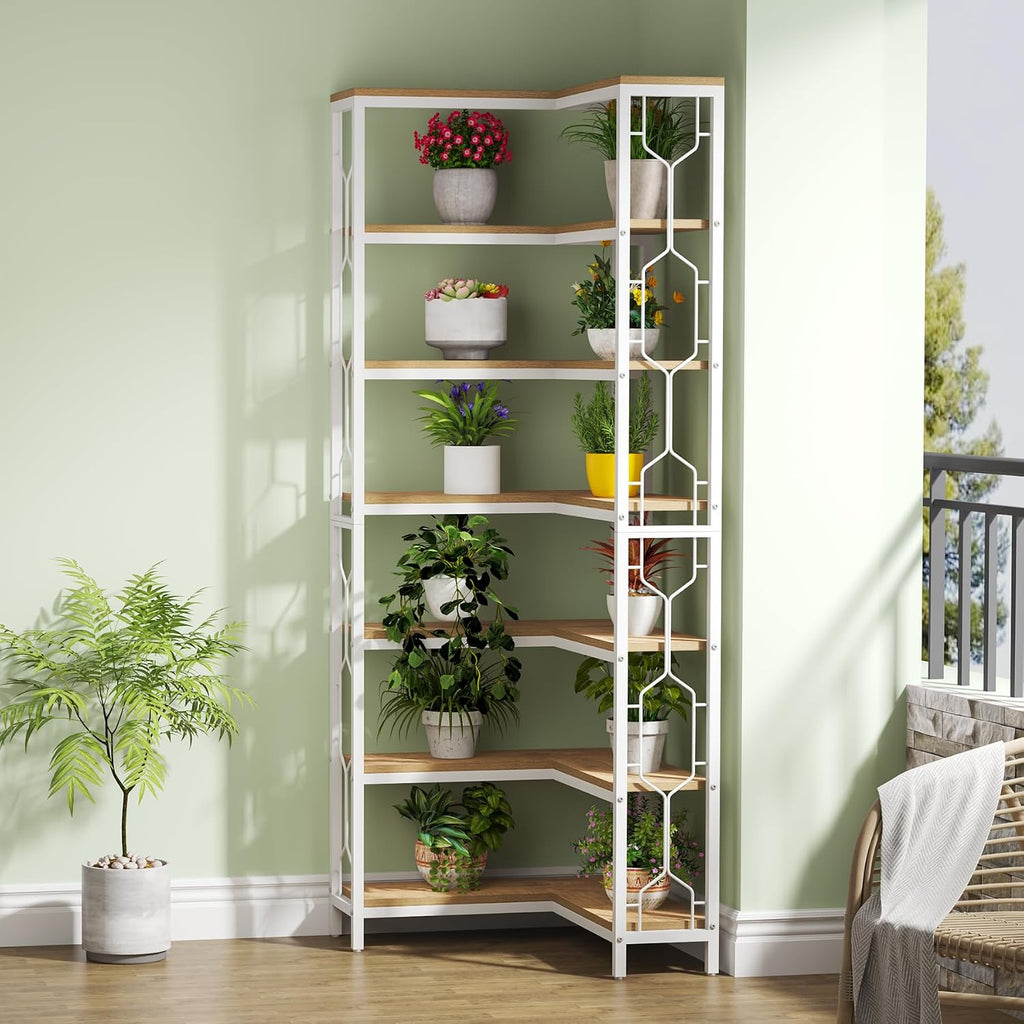 Tribesigns 7-Tier Corner Shelf, 78.7' Tall Bookshelf with Storage, Corner Bookshelf and Bookcase, Industrial Display Shelf for Living Room, Bed Room, Home Office (White and Natural)