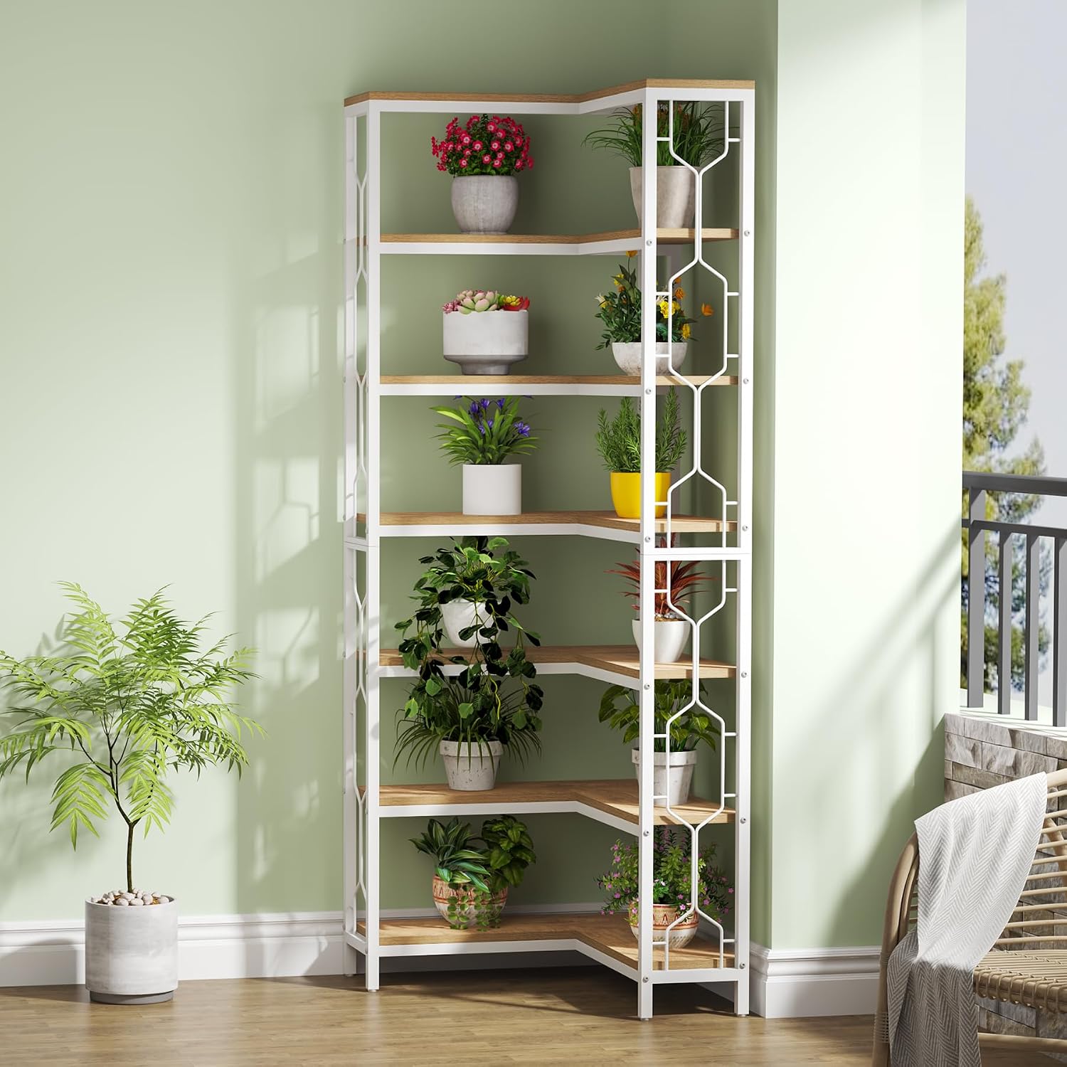Tribesigns 7-Tier Corner Shelf, 78.7' Tall Bookshelf with Storage, Corner Bookshelf and Bookcase, Industrial Display Shelf for Living Room, Bed Room, Home Office (White and Natural)