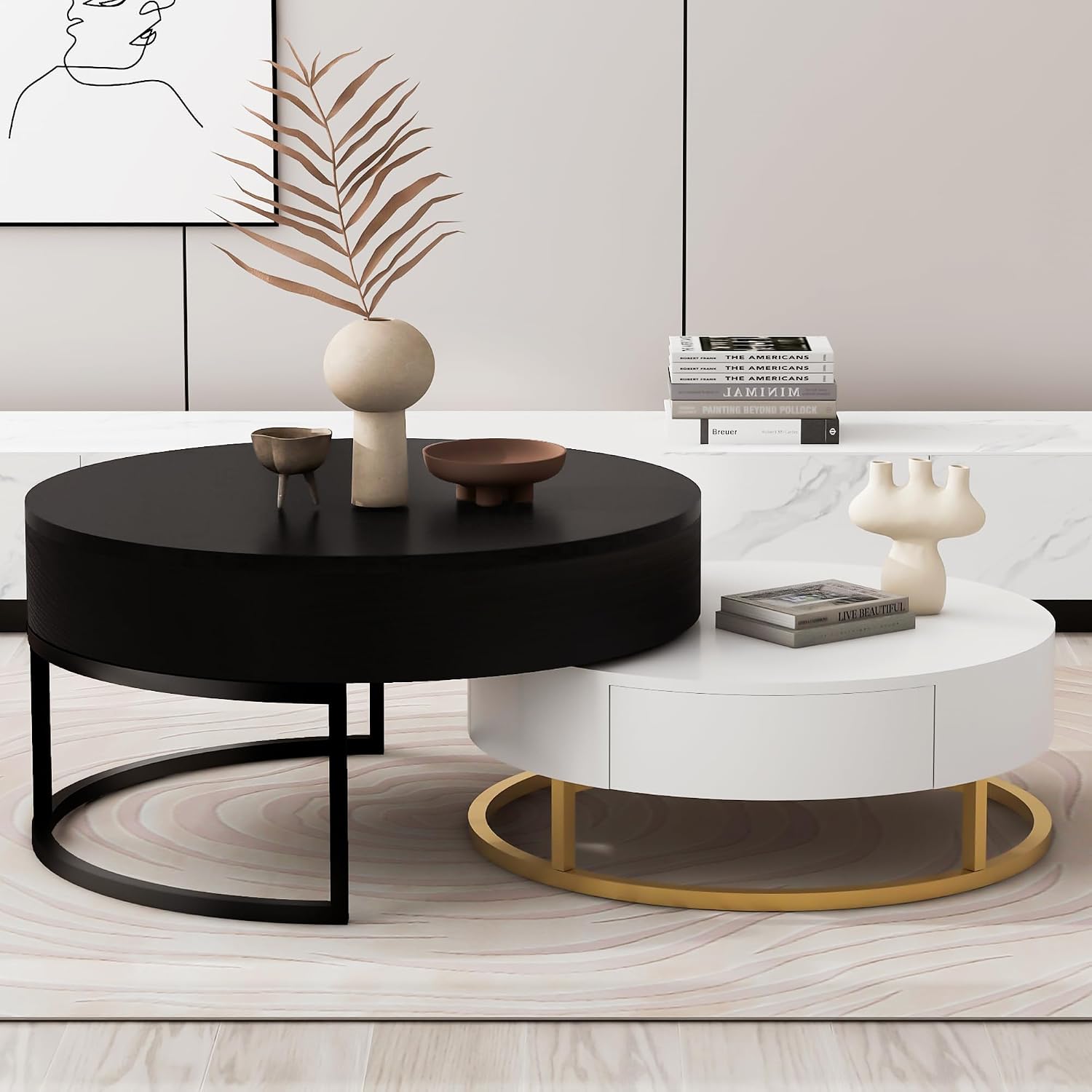 Modern Round Lift-top Nesting Coffee Tables with 2 Drawers for Living Room White & Black