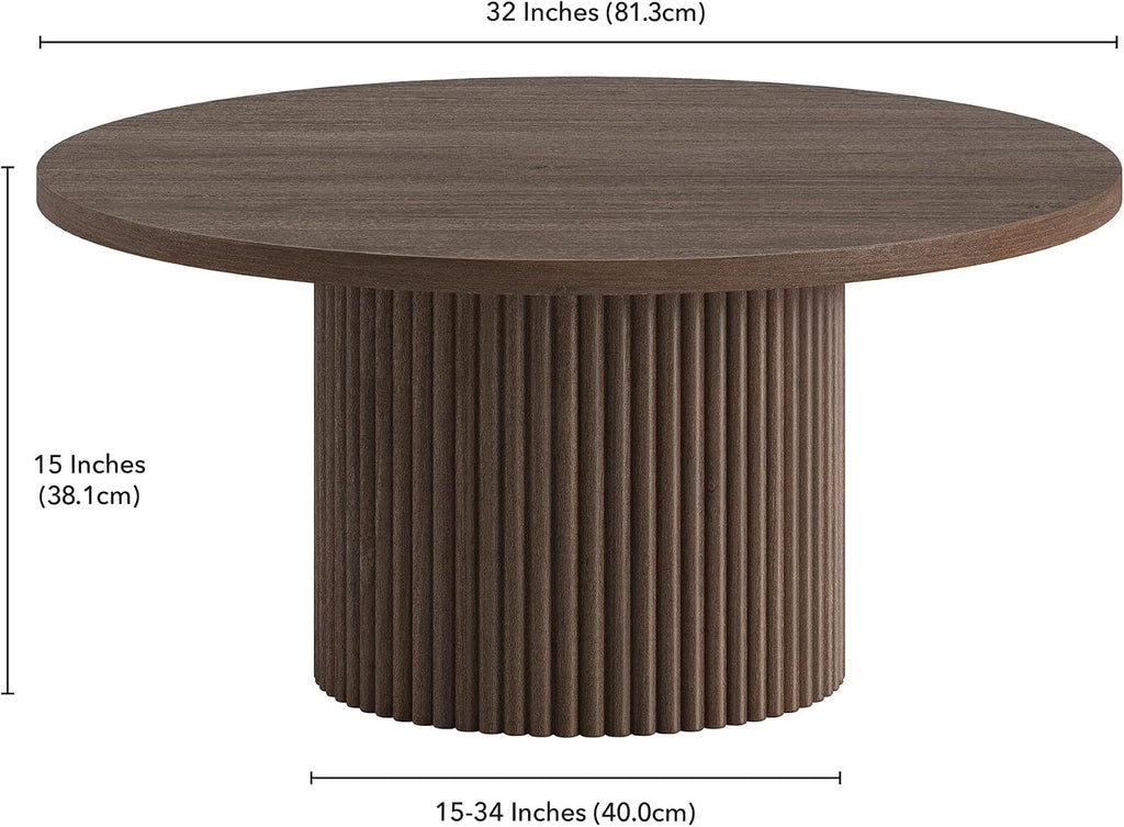 Henn&Hart 32' Fluted Round Pedestal Low-Profile Coffee Table for Living Room, Family Room, Office, or Apartment, Heritage Oak