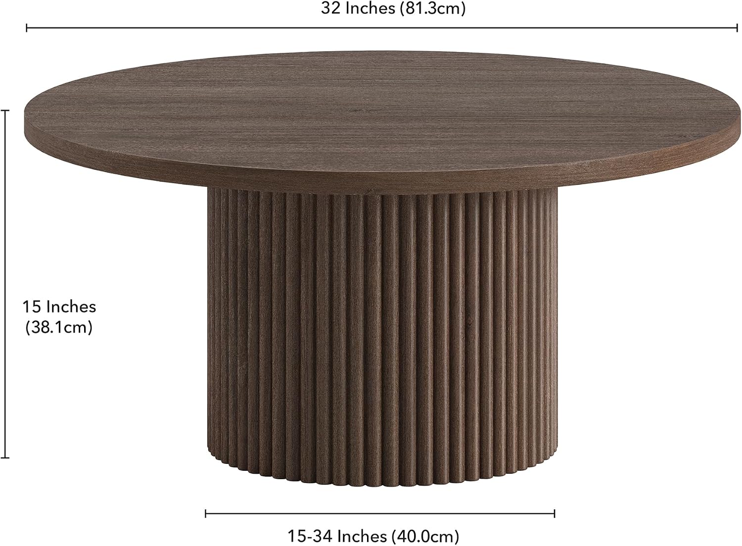 Henn&Hart 32' Fluted Round Pedestal Low-Profile Coffee Table for Living Room, Family Room, Office, or Apartment, Heritage Oak