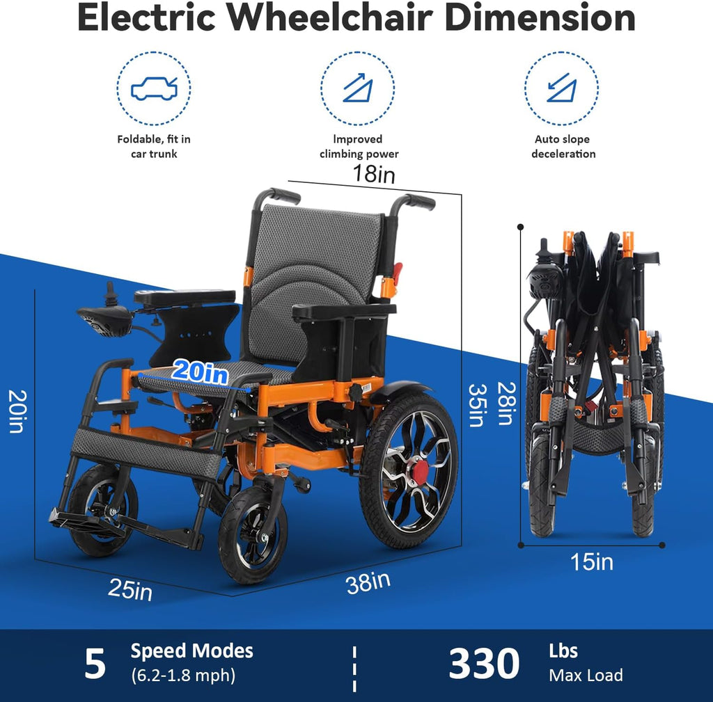 Foldable Electric Wheelchairs for Adults, 20' Widened Motorized Wheelchair for Seniors, 25 Miles Travel Range All-Terrain Power Wheelchair, Compact Size Travel Wheelchair Airline Approved (Orange)