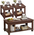 SAVOR LIFE Farmhouse Coffee Table Set of 3,Rustic Wooden Living Room Table Set,Large Coffee/End Side Tables with Open Shelf for Living Room,Walnut