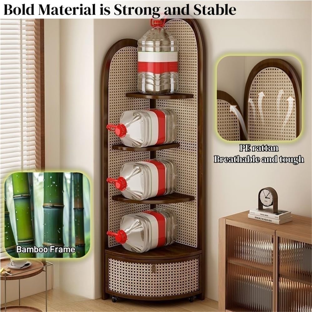 5 Tier Corner Shelf with Pulley, Rattan Bookshelf, Standing Shelf Organizer with Storage Basket, Minimalist Corner Display for Living Room, Bedroom, Office(Khaki)