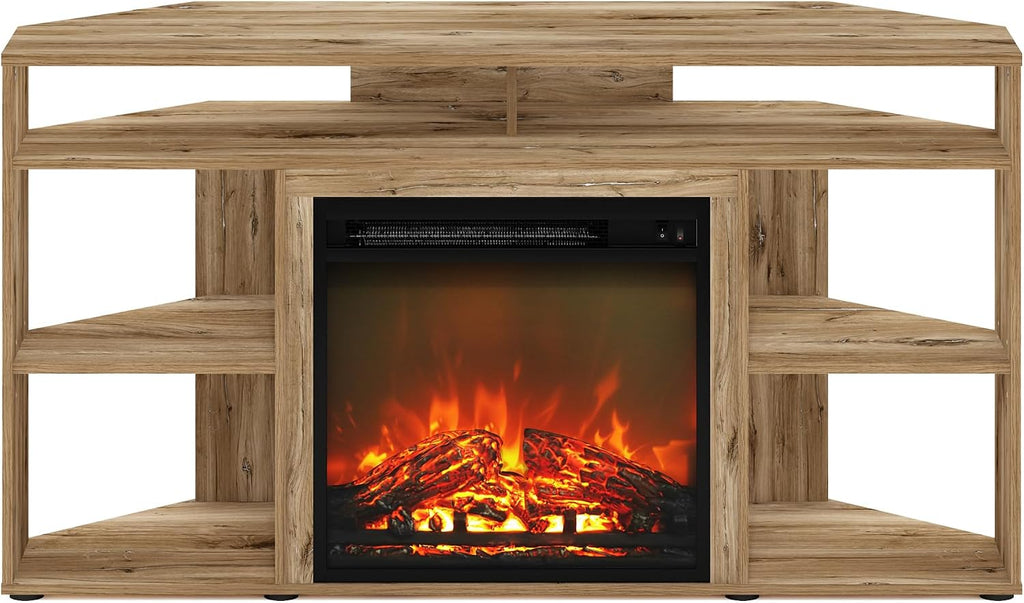 Furinno Jensen Fireplace TV Stand, Corner Entertainment Center, TV Console for TV up to 55 Inch with Fireplace, for Living Room, Bedroom, Flagstaff Oak