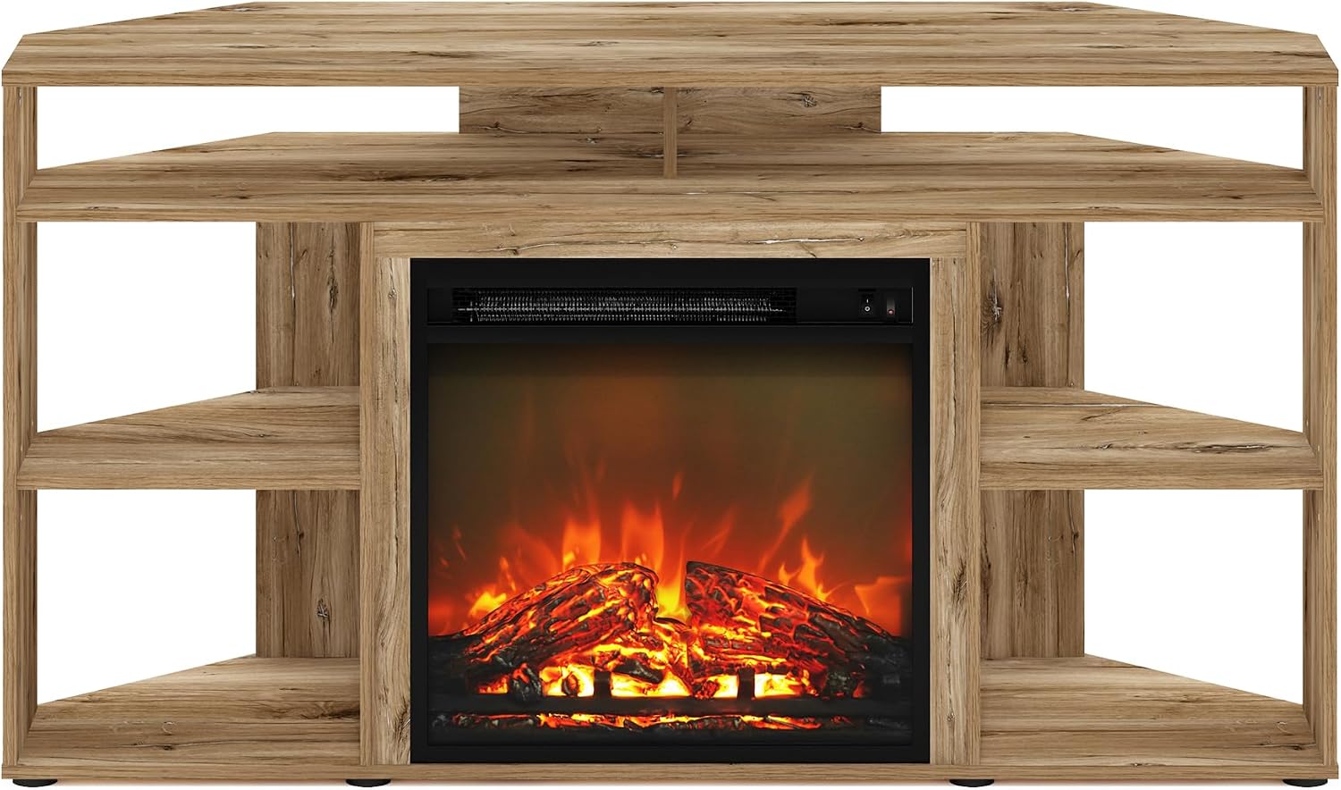 Furinno Jensen Fireplace TV Stand, Corner Entertainment Center, TV Console for TV up to 55 Inch with Fireplace, for Living Room, Bedroom, Flagstaff Oak