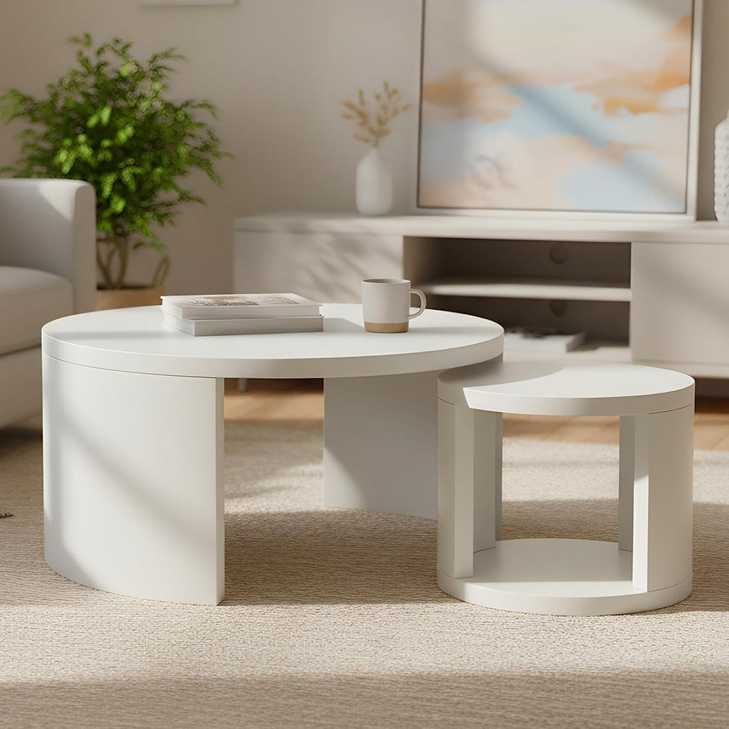 Round Coffee Table Set of 2, Nesting Coffee Tables with Storage, Living Room Table Set, Modern Wood Center Table for Living Room, Apartment, 31.5' & 18' Accent Table Set, White