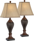 Regency Hill Carved 28 1/2' Tall Urn Traditional End Table Lamps Set of 2 Two-Tone Brown Finish Beige Shade Living Room Bedroom Bedside Nightstand House Office Home Kitchen Entryway Console Family