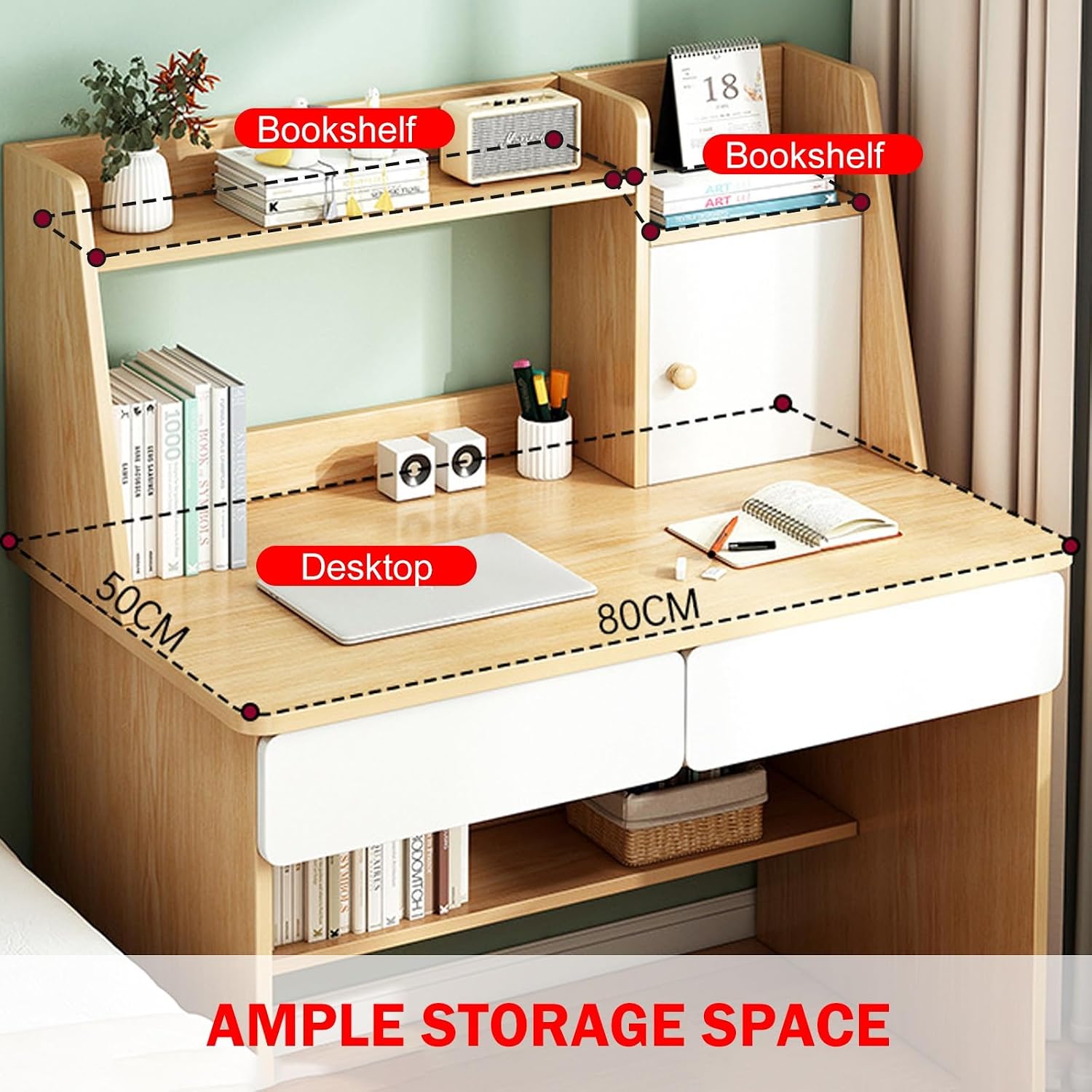 Small Computer Desk with Drawers, Stand Up Desk with Storage Shelves, Work Desk for Home Office for Bedroom, Office, Dormitory (80 * 50 * 100cm)