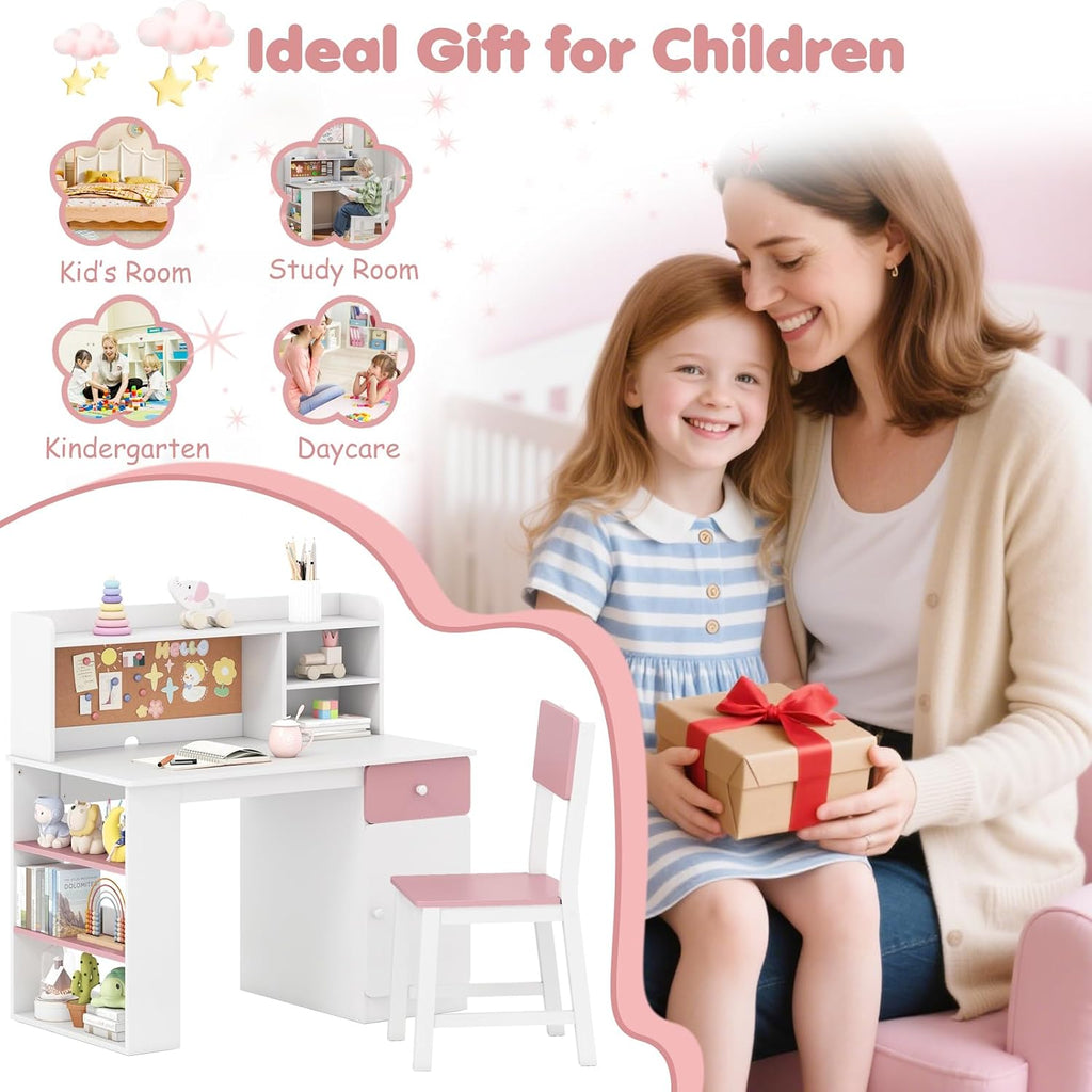 HONEY JOY Kids Desk and Chair Set, Large Wooden Children School Study Table and Chair w/Drawer, Hutch, Storage Shelves, Student Writing Desk Computer Workstation for Bedroom, 7+ Years Old (Pink)