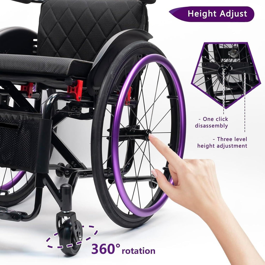 Sports Wheelchair For Adult,Lightweight Foldable All Terrain Sports Wheelchair,Self-propelled Manual Wheelchair With Handbrakes,Transport Wheelchairs With Anti-Tipper,for Teenagers, Adults, Seniors(Pu