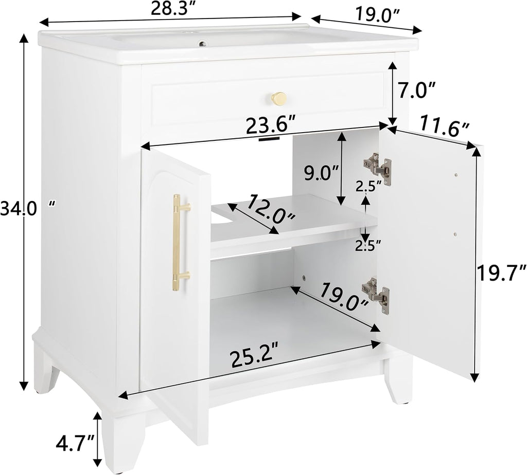 27.8' Bathroom Vanity Sink Combo, White | Integrated Ceramic Sink, Adjustable Shelves, Gold Metal Handles, Solid Wood Base, 19'Dx28.3'Wx34'H